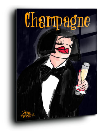 Lady in black tie. Champagne